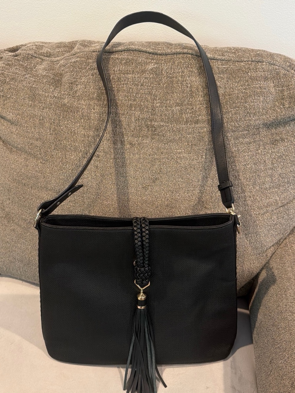 Stella & Dot Black Braided Tassel Crossbody Bag